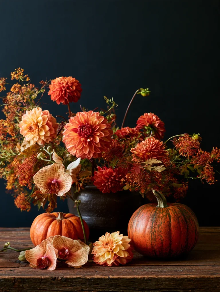 Design Techniques & Styles Autumn dahlia , orchids and pumpkin arrangements, festive centerpieces, and fall blooms